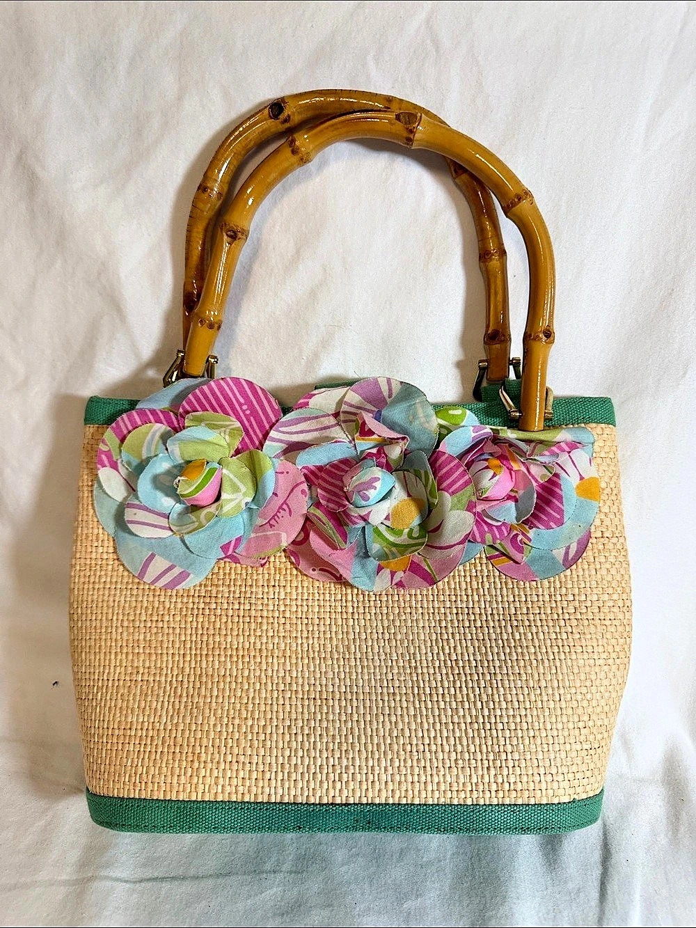 Lilly Pulitzer VTG Floral Raffia Tote in Green & Pink with bamboo handles